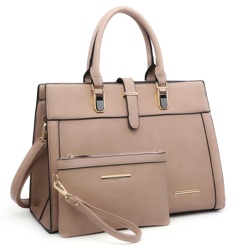 DASEIN Women's Handbag Flap-over Belt Shoulder Bag Top Handle Tote Satchel Purse Work Bag w/Matching Wristlet (Beige) - Image 1